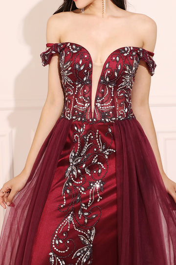 Abito lungo da ballo bordato bordeaux
